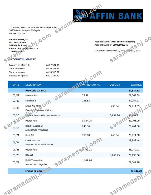 Affin Bank company checking account statement Word and PDF template